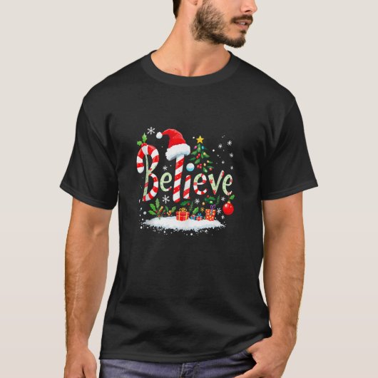 Believe Santa Believer Christmas Candy Cane Xmas F T-shirt (Voorkant)