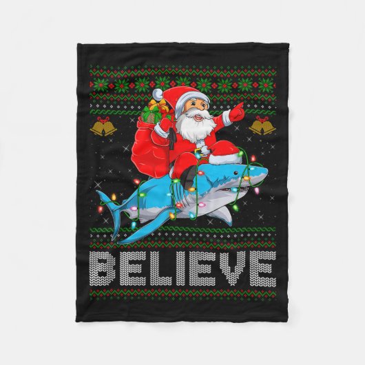 Believe Xmas Funny Santa Riding Shark Ugly Christm Fleece Deken (Voorkant)