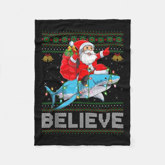 Believe Xmas Funny Santa Riding Shark Ugly Christm Fleece Deken (Voorkant)
