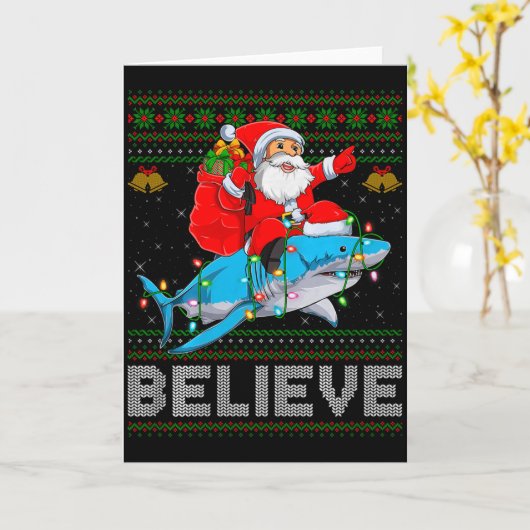 Believe Xmas Funny Santa Riding Shark Ugly Christm Kaart (Gele Bloem)