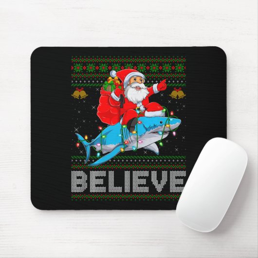 Believe Xmas Funny Santa Riding Shark Ugly Christm Muismat (Met muis)