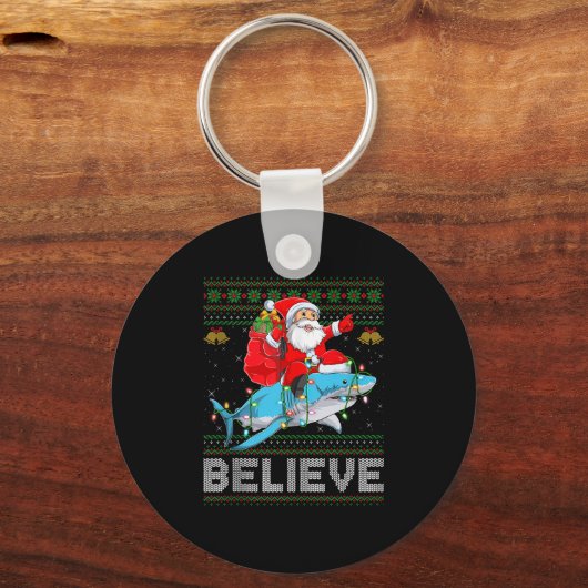 Believe Xmas Funny Santa Riding Shark Ugly Christm Sleutelhanger (Voorkant)
