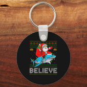 Believe Xmas Funny Santa Riding Shark Ugly Christm Sleutelhanger (Voorkant)