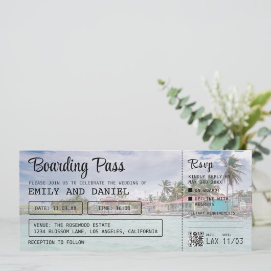 Belize Bestemming Boarding Pass Bruiloft Kaart (Staand voorkant)