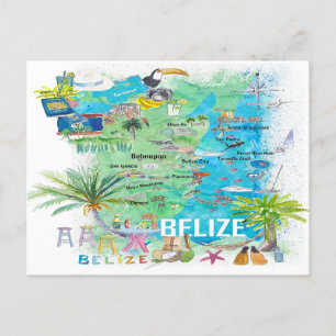Belize Caribbean Illustrated Travel Map met Wegen Briefkaart