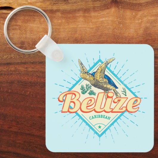 Belize Caribbean Retro Turtle  Souvenir Sleutelhanger (Voorkant)