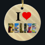 Belize kerstfoto's van Tropische Zand Beach Keramisch Ornament<br><div class="desc">Show iedereen je liefde voor het land Belize met dit ornament dat foto's bevat van Ambergris Caye,  Caye Caulker en Mayan ruins die boven een tropische zandstrandachtergrond zijn geplaatst.</div>