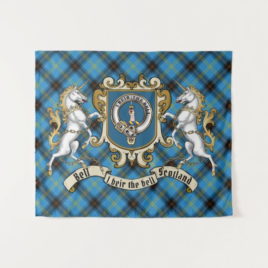 Bell Clan Badge & Unicorns met Tartan Wandkleed (Voorkant (horizontaal))