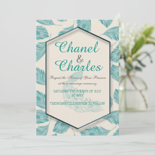 Bella Blue Peacock Geometric Wedding Invitation Kaart (Staand voorkant)