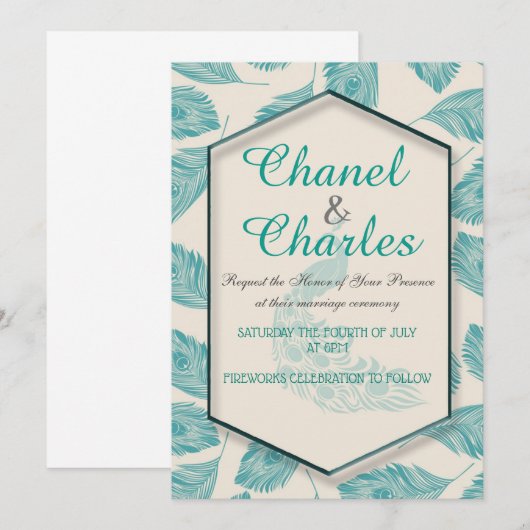 Bella Blue Peacock Geometric Wedding Invitation Kaart (Voorkant / Achterkant)