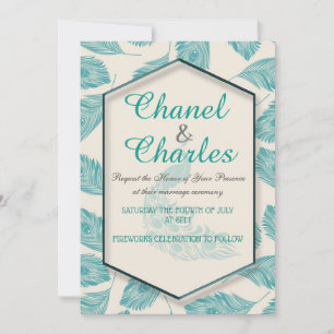 Bella Blue Peacock Geometric Wedding Invitation Kaart