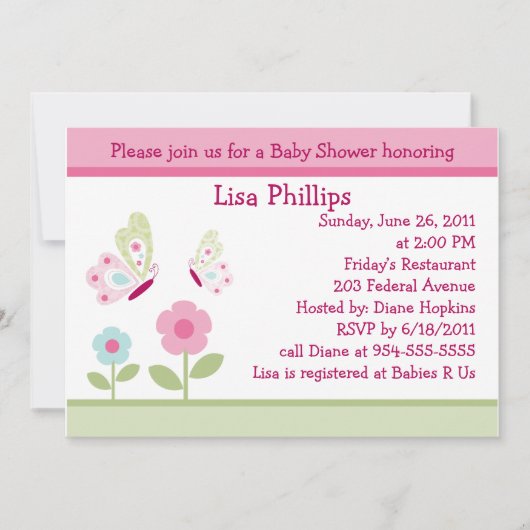 Bella Butterfly en Flowers Baby shower Invitation Kaart (Voorkant)