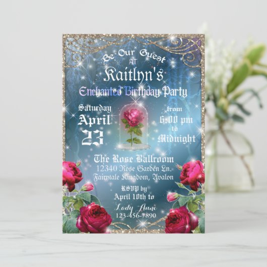 Belle en het Beest Red Rose verjaardagsfeestje Kaart (Staand voorkant)