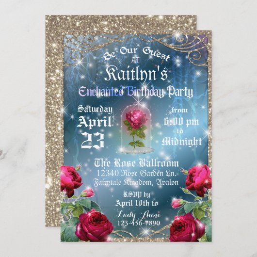 Belle en het Beest Red Rose verjaardagsfeestje Kaart (Voorkant / Achterkant)