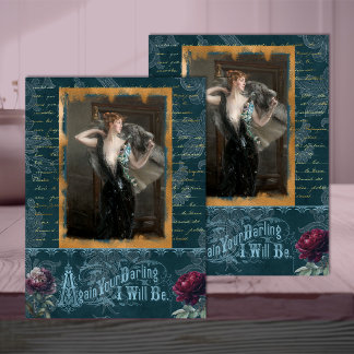 Belle Époque-vrouw in diep tealblauwe decoupage Tissuepapier