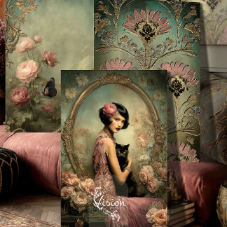 Belle Noir Flapper Black Cat Art Deco Roses Inpakpapier Vel