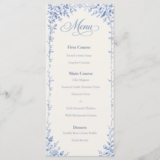 Bellefontaine — French Blue Trouwplat Menu (Voorkant)