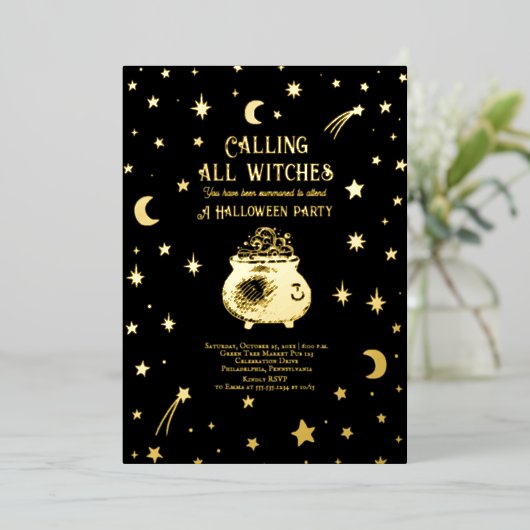 Bellen Alle Heksen Hemelse Halloween Party Folie Uitnodiging (Staand Voorkant)