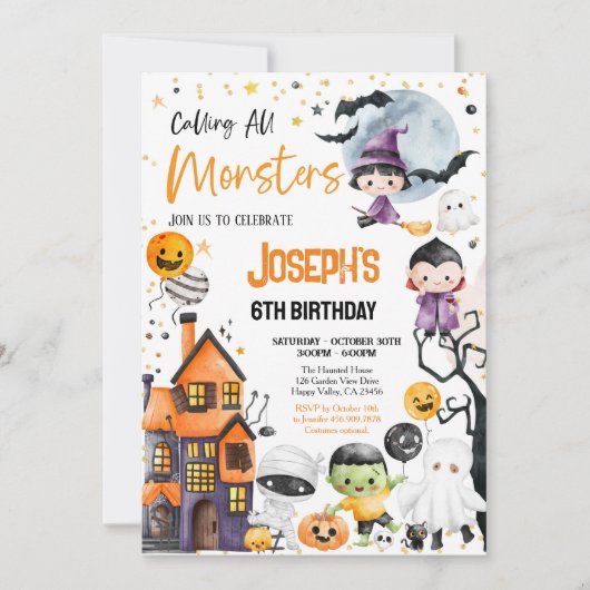 Bellen Alle Monsters Halloween Verjaardagsfeest Sc Kaart (Voorkant)