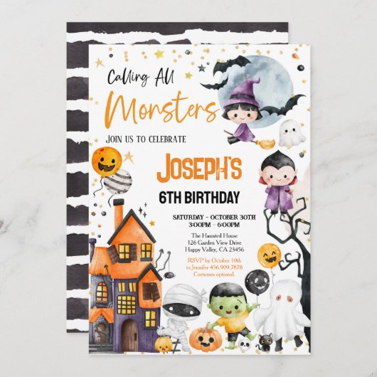 Bellen Alle Monsters Halloween Verjaardagsfeest Sc Kaart (Voorkant / Achterkant)