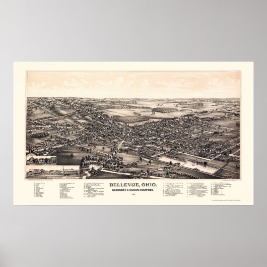 Bellevue, OH Panoramic Map - 1888 Poster (Voorkant)