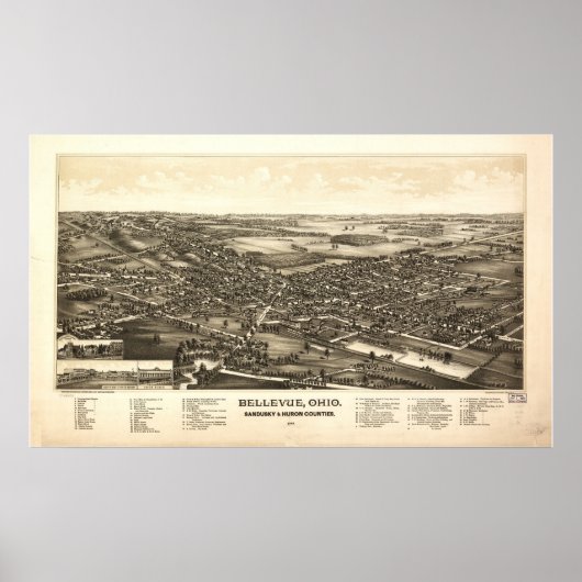 Bellevue Ohio 1888 Antiek Panoramisch Kaart Poster (Voorkant)