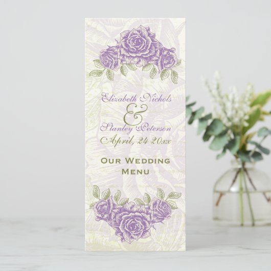 bellflower paarse rozen bruiloft Menukaart (Staand voorkant)