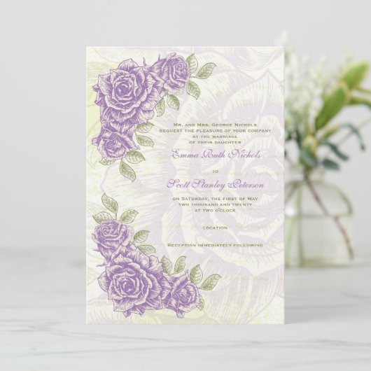  bellflower paarse rozen bruiloft uitnodiging (Staand voorkant)