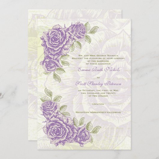  bellflower paarse rozen bruiloft uitnodiging (Voorkant / Achterkant)