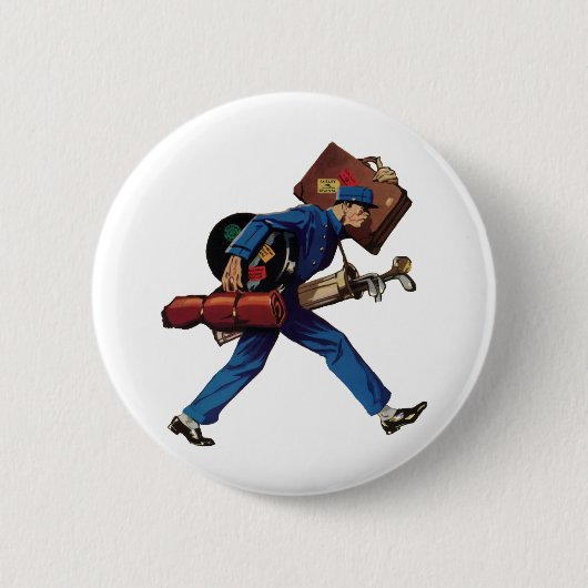 Bellhop in Uniform, Suitcase en Golf Club Ronde Button 5,7 Cm (Voorkant)