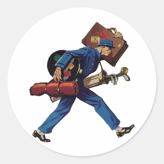 Bellhop in Uniform, Suitcase en Golf Club Ronde Sticker (Voorkant)