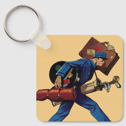  Bellhop in Uniform, Suitcase en Golf Club Sleutelhanger (Voorkant)