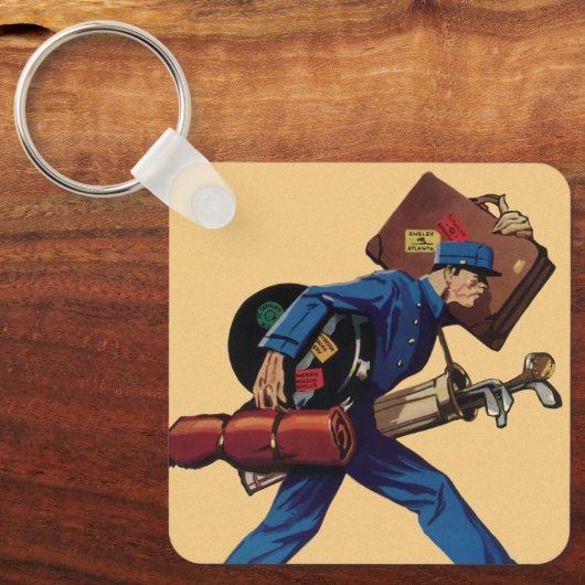  Bellhop in Uniform, Suitcase en Golf Club Sleutelhanger (Voorkant)