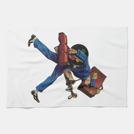  Bellhop in Uniform, Suitcase en Golf Club Theedoek (Horizontaal)