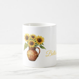 Bellissima (mooie) zonnebloemen in vaas koffiemok
