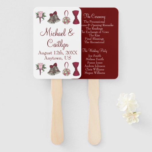 Bells Bow Flower Bouquet Burgundy Wedding Programm Handwaaier (Voorkant en achterkant)