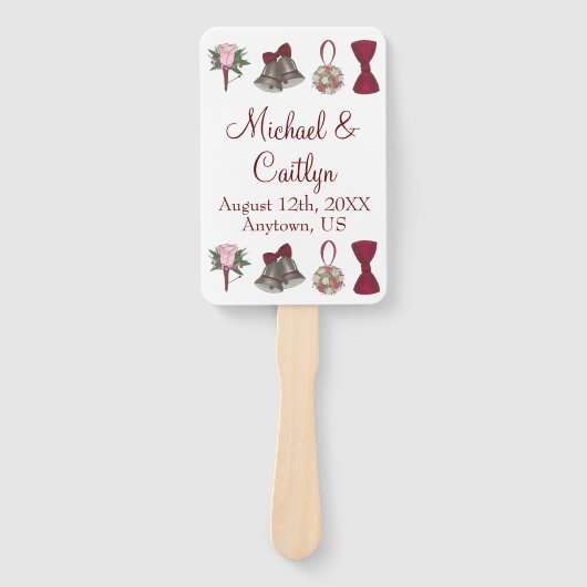 Bells Bow Flower Bouquet Burgundy Wedding Programm Handwaaier (Voorkant)