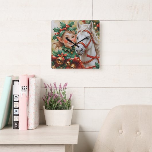 Bells Holly and Horse Christmas Elf Vierkante Klok (Leeskamer)