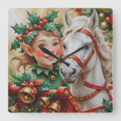 Bells Holly and Horse Christmas Elf Vierkante Klok (Voorkant)