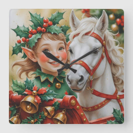 Bells Holly and Horse Christmas Elf Vierkante Klok