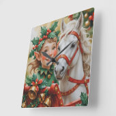 Bells Holly and Horse Christmas Elf Vierkante Klok (Hoek)