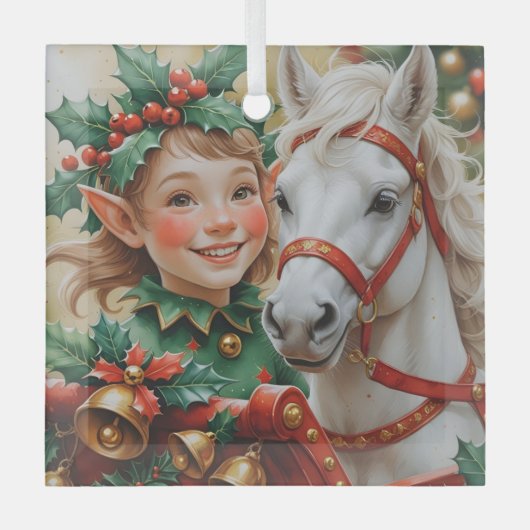 Bells Holly en Horse Christmas Elf Glas Ornament (Voorkant)