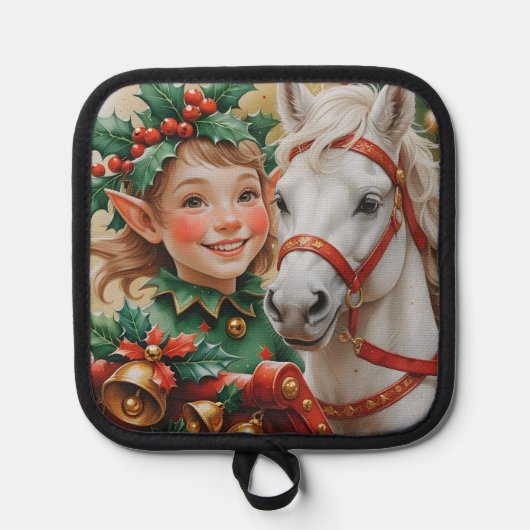 Bells Holly en Horse Christmas Elf Pannenlap (Voorkant)