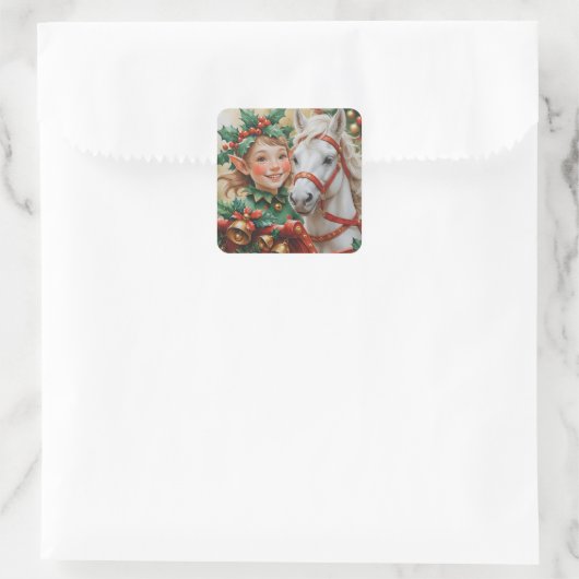 Bells Holly en Horse Christmas Elf Vierkante Sticker (Tas)