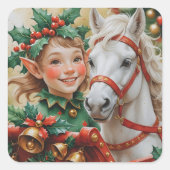 Bells Holly en Horse Christmas Elf Vierkante Sticker (Voorkant)