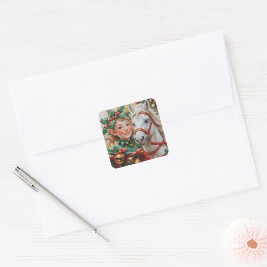 Bells Holly en Horse Christmas Elf Vierkante Sticker (Envelop)