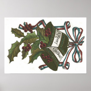 Bells Holly Red White Blue Ribbon Patriottic Poster