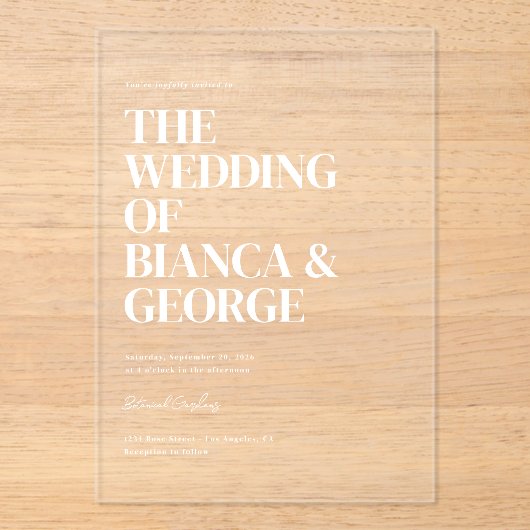 Belmont Verticale Typografie Wedding Acryl Uitnodigingen (Voorkant)