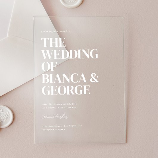 Belmont Verticale Typografie Wedding Acryl Uitnodigingen