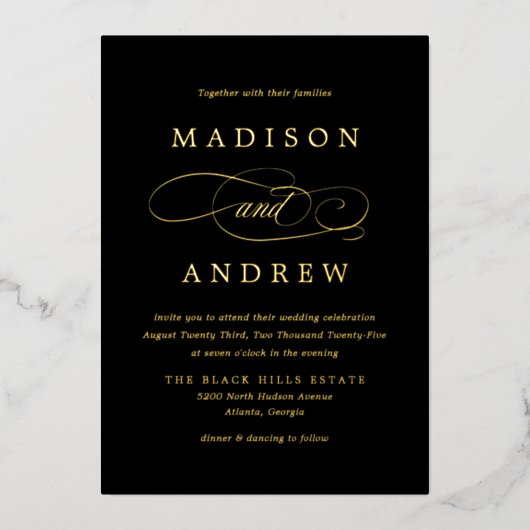 Beloved Black and Gold Calligraphy Wedding Folie Uitnodiging (Voorkant)